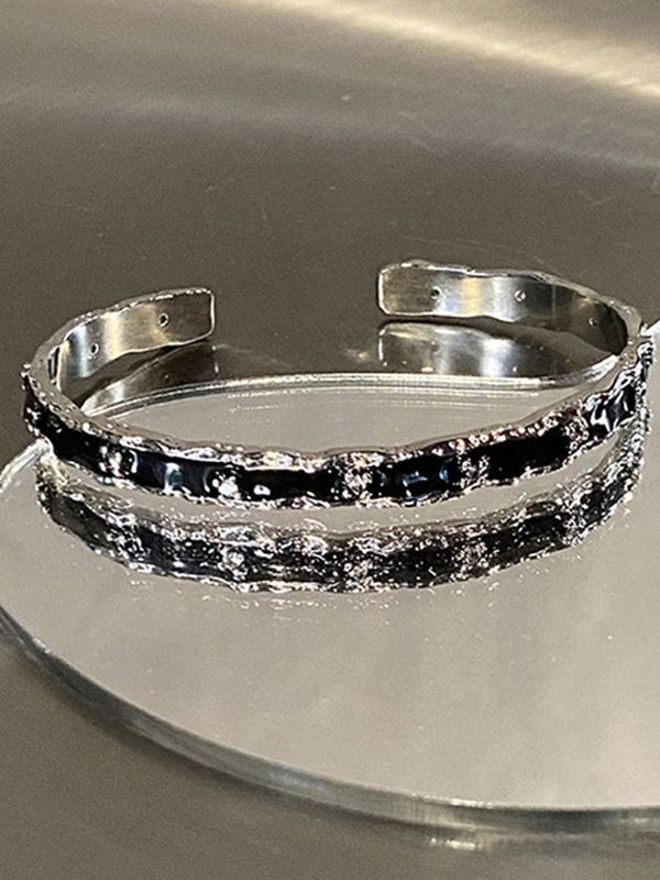 Men Stainless Steel Silver-Plated Artificial Stones Cuff Bracelet