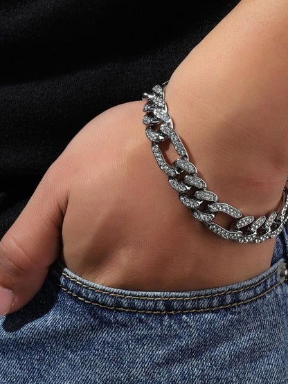 SALTY Men Stainless Steel Stone Studded Anarchy Silver Punk Necklace and Bracelet Set