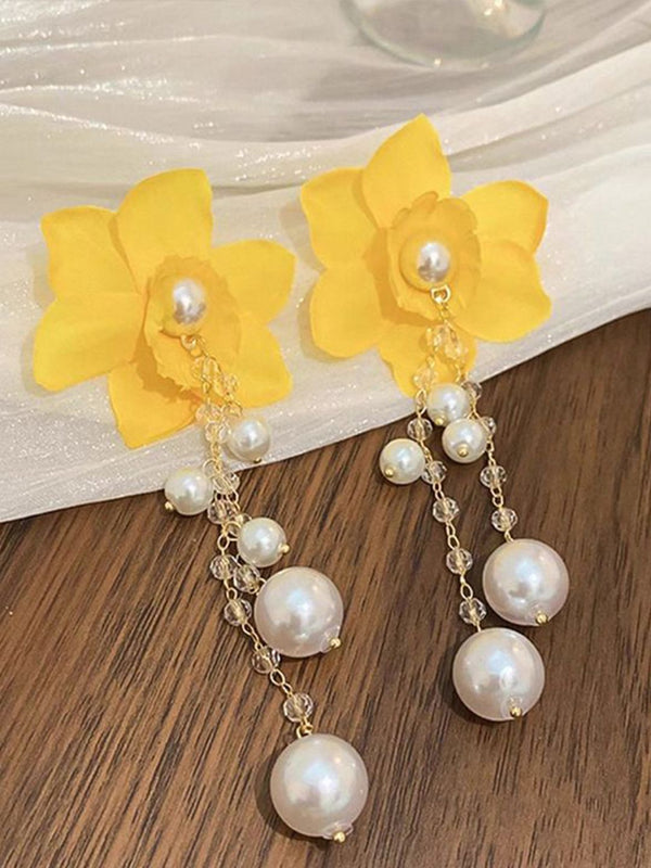 Floral Artificial Stones and Beads Drop Earrings