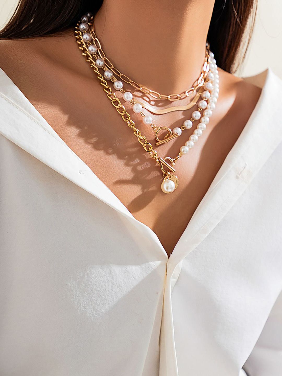 Set Of 4 Gold-Plated Beaded Layered Chain