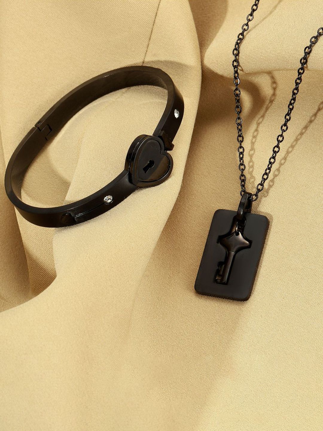 SALTY Stainless Steel Black Lock And Key Love Bracelet And Necklace Set For Women & Girls