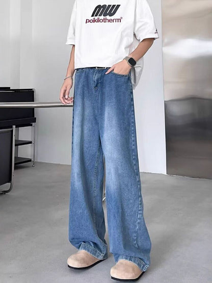 Men Wide Leg Mid-Rise Heavy Fade Jeans