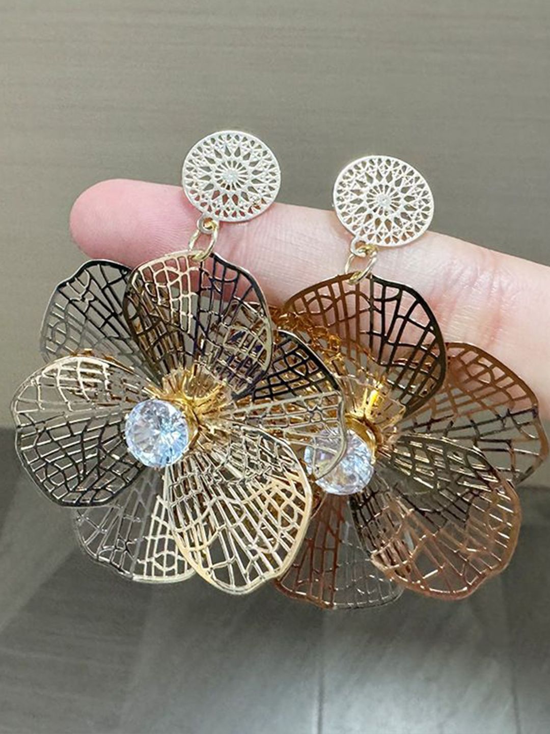 Gold-Plated Zircon Studded Floral Shaped Drop Earrings