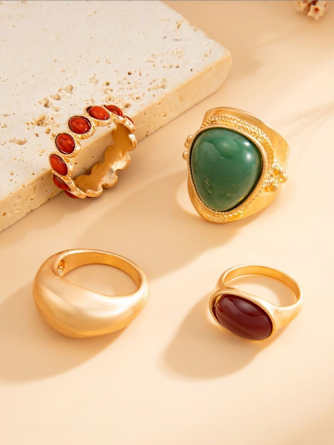 Set of 4 Gold-Plated Stone-Studded Finger Ring