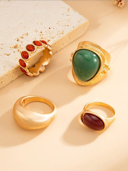 Set of 4 Gold-Plated Stone-Studded Finger Ring