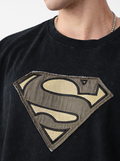 Men Oversized Fit Superman Printed Black T-Shirts