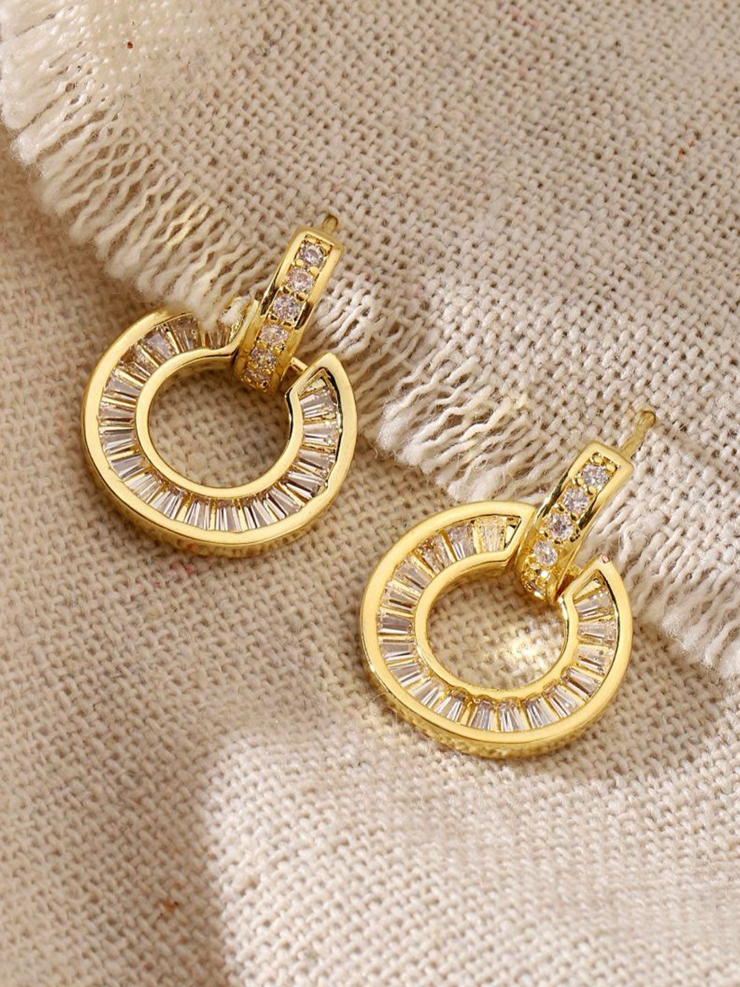 SALTY Gold-Plated Crystals Studded Contemporary Tasselled Half Hoop Earrings
