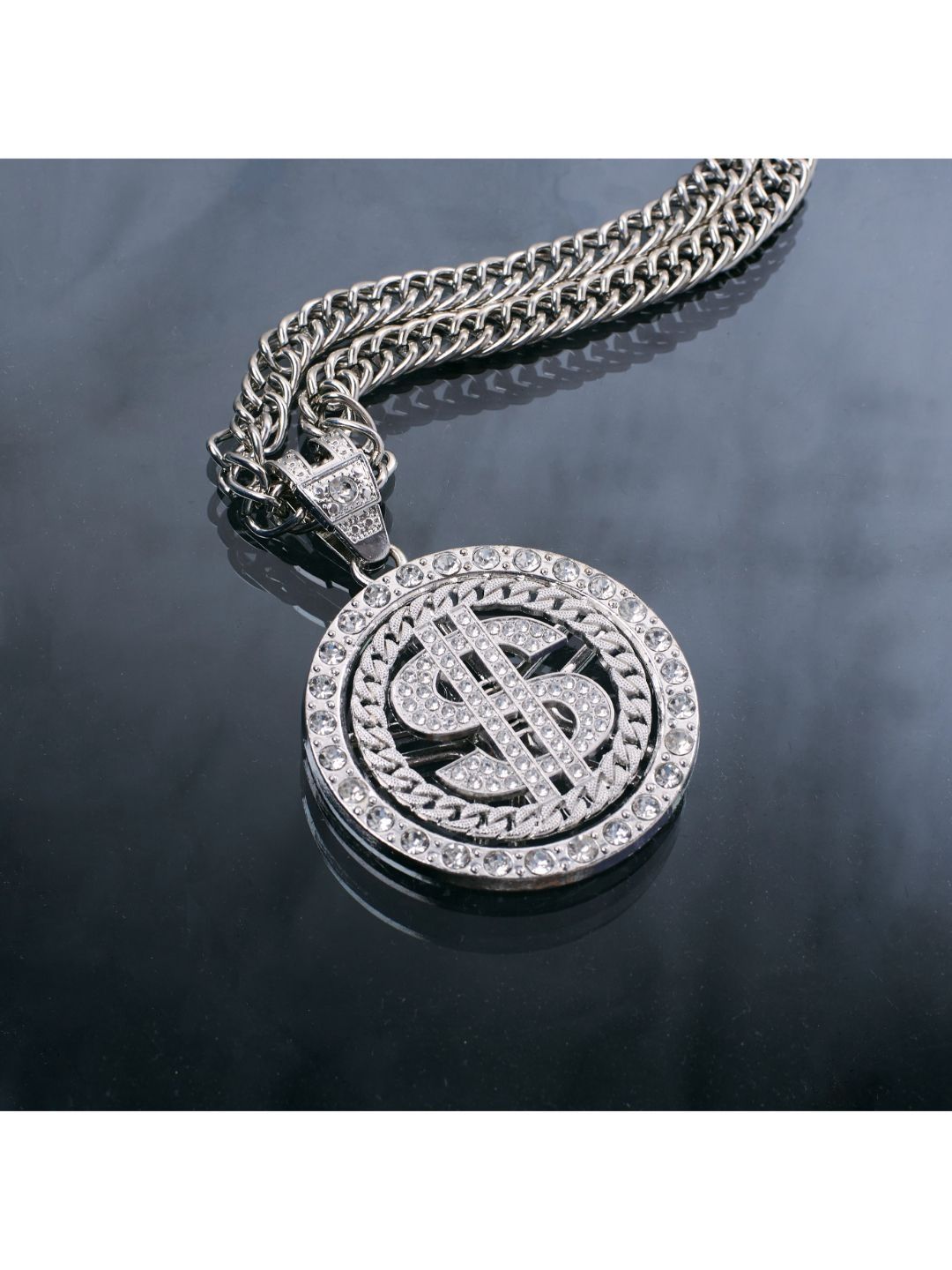 SALTY Stone Studded Circular Pendant With The Dollar Sign Chain & Micro Sunglasses