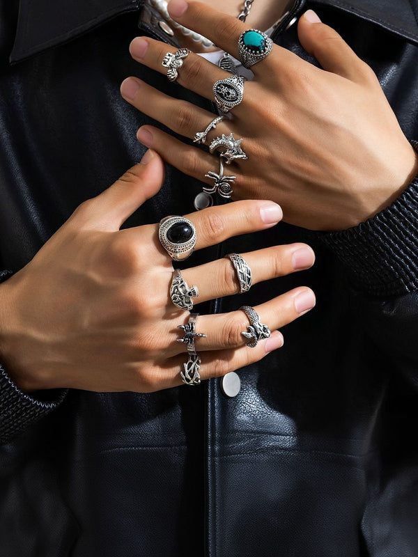 Men Set Of 11 Silver-Plated Stone-Studded Finger Ring