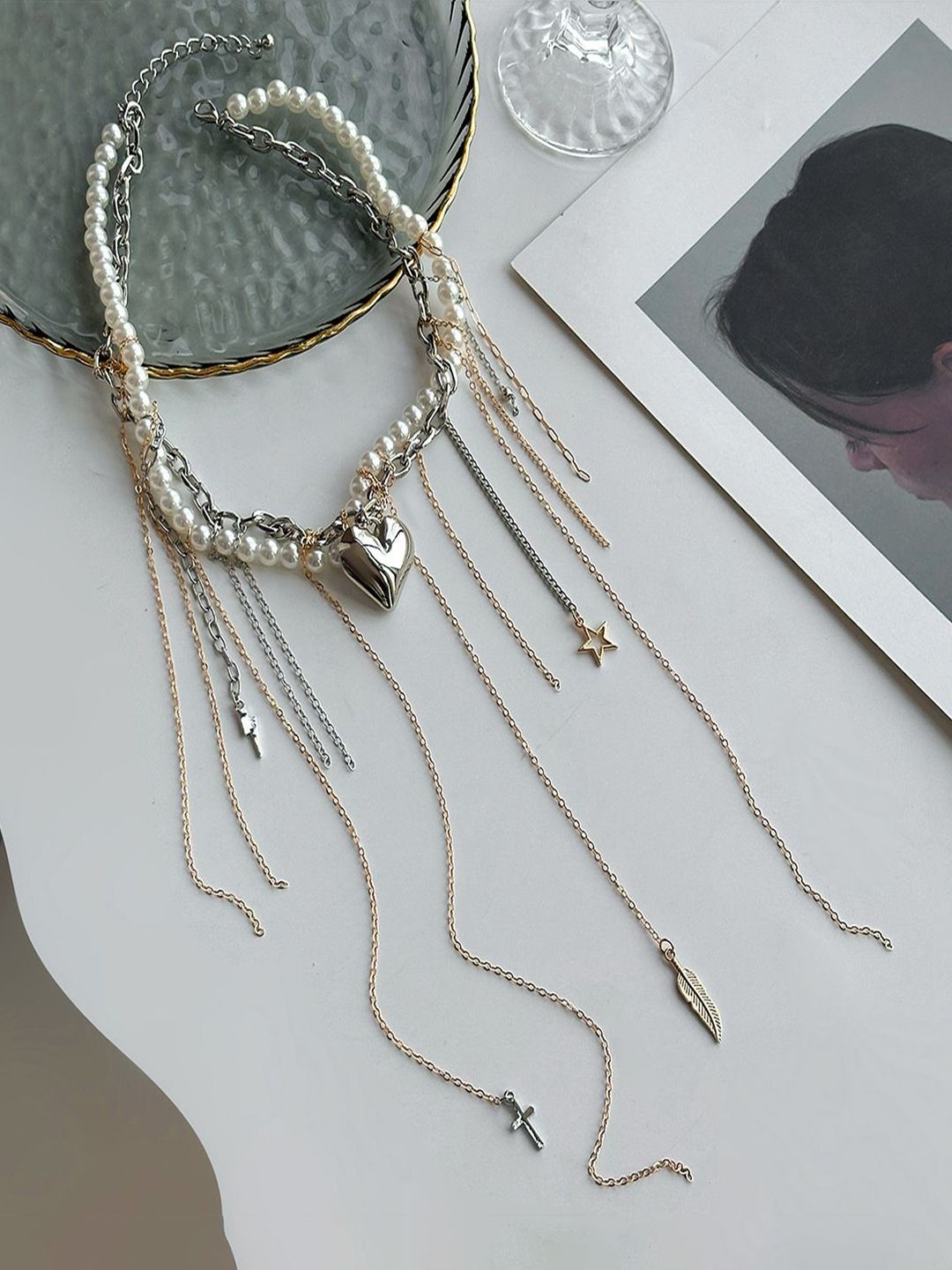 Silver-Plated Pearls Beaded Tasselled Statement Necklace