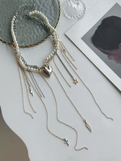Silver-Plated Pearls Beaded Tasselled Statement Necklace