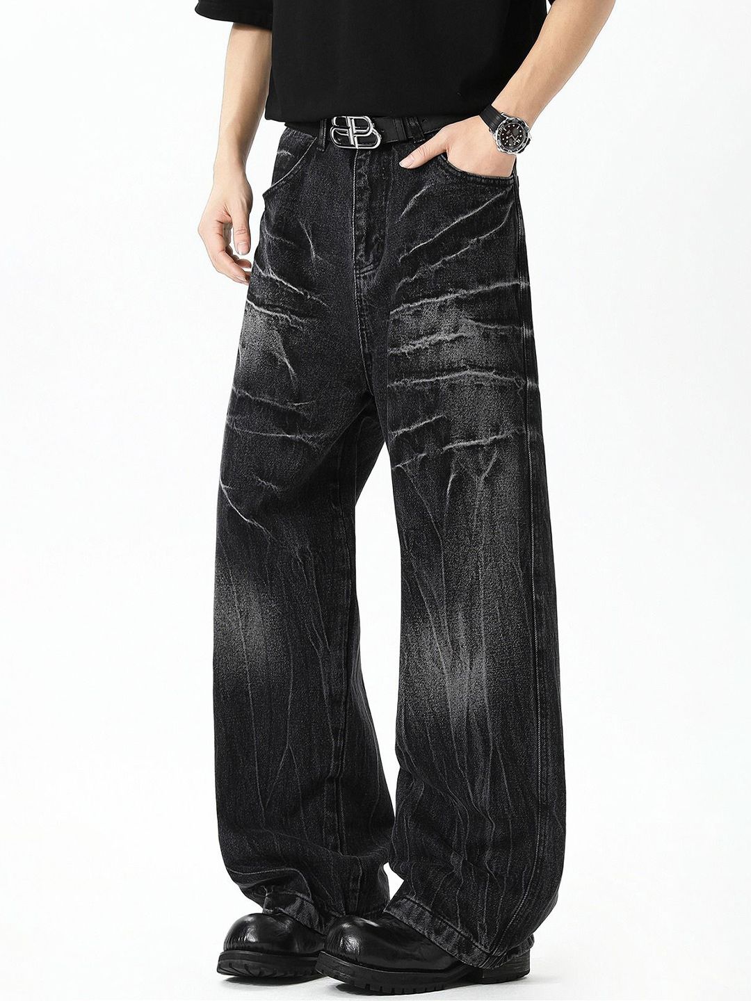 Men Wide Leg Mid-Rise Jeans
