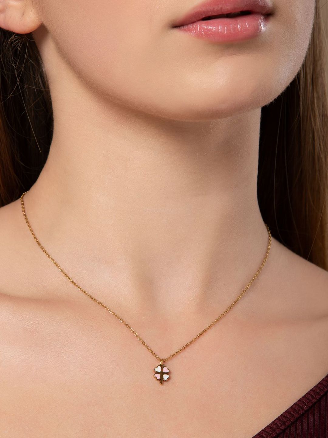 SALTY Clover & Baguette Pendant, Chain & Stones Studded Ring Jewellery Set