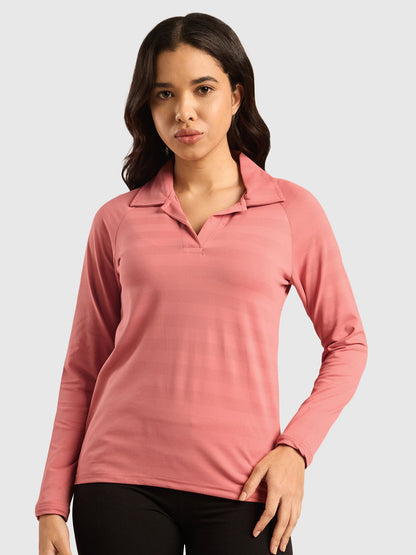 Vogue Women Self Design Full Sleeves Polo Collar T-shirt