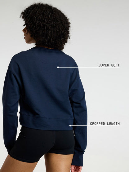 Women Navy Pilates Club Cropped Cotton Sweatshirt with Thumbholes