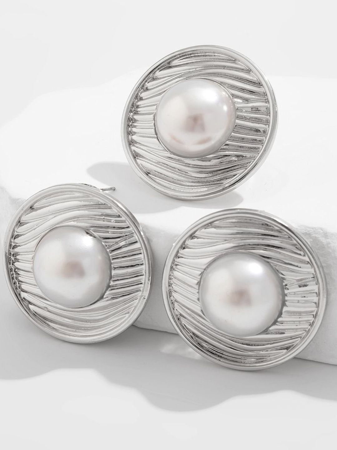Silver-Plated Beads Beaded Circular Finger Ring and Earrings