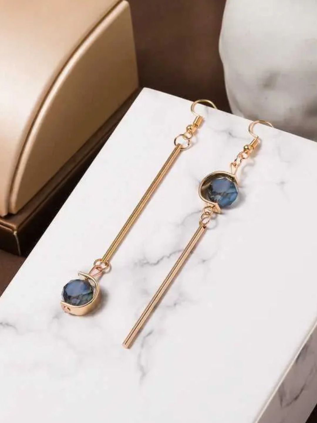 SALTY Pack of 2 Women Double C Shape Asymmetric Blue Stone Grey Stone Drop Earrings
