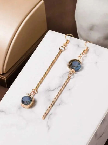 SALTY Pack of 2 Women Double C Shape Asymmetric Blue Stone Grey Stone Drop Earrings