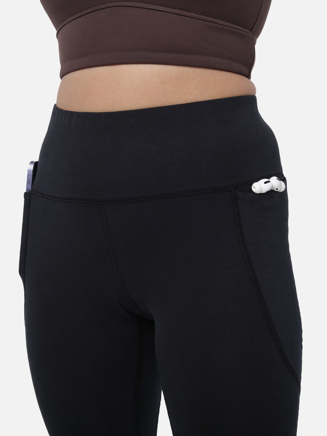 Women Black High Waisted Cotton Leggings with Hidden Drawstring