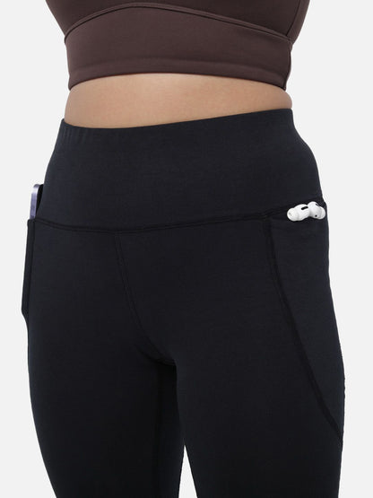 Women Black High Waisted Cotton Leggings with Hidden Drawstring