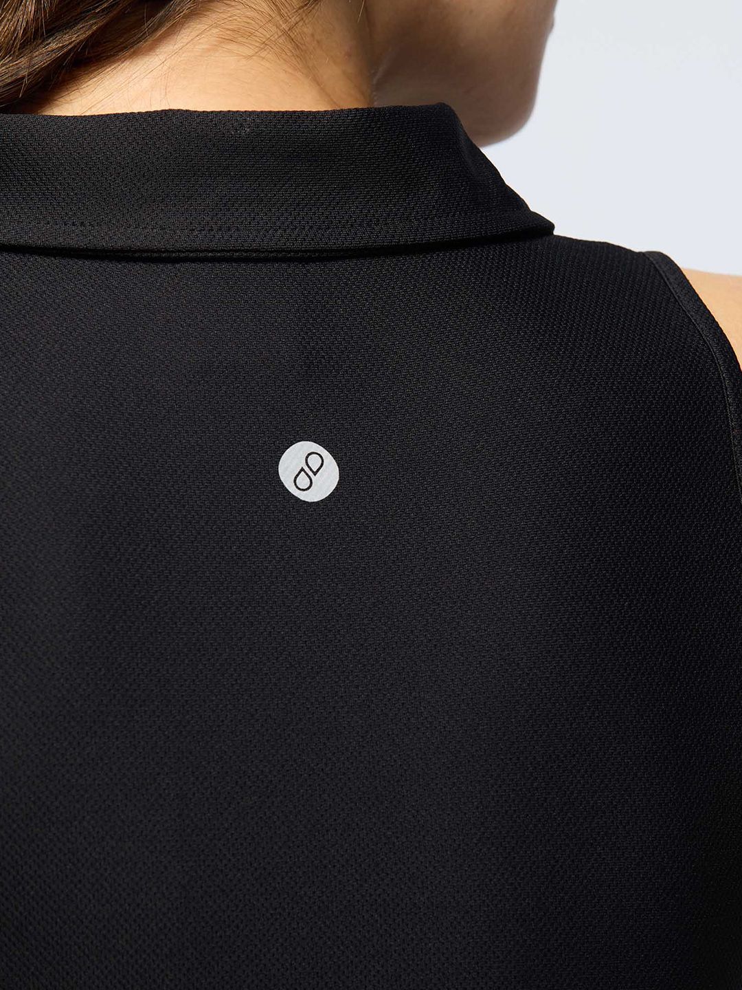 Women Black Techpique Sleeveless Polo Top