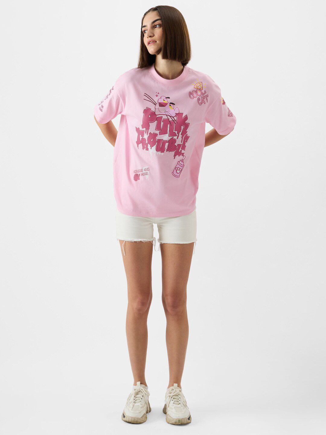 Women Oversized Pink Panther Printed Pink T-Shirts
