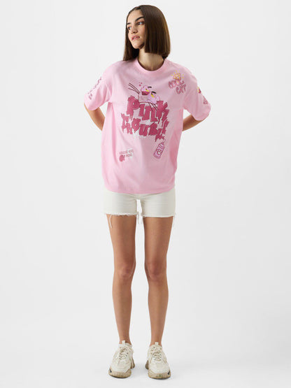 Women Oversized Pink Panther Printed Pink T-Shirts
