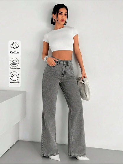 Women Classic Wide Leg Mid-Rise Stretchable Jeans