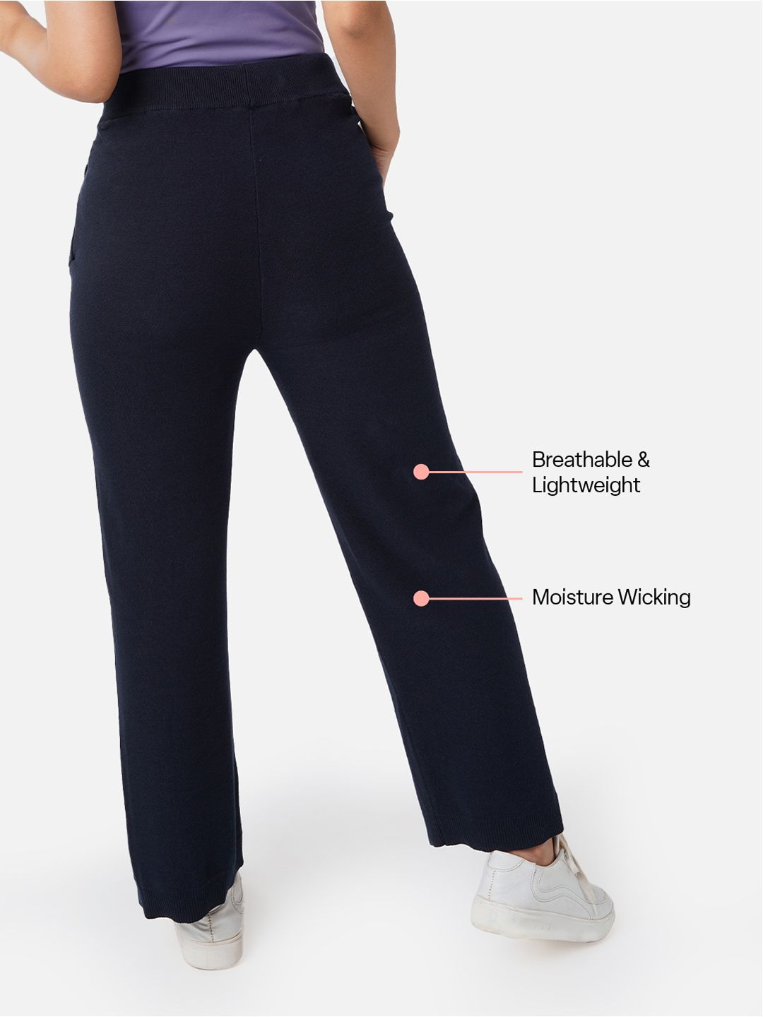 Women Navy Regular Cotton Mid Rise Pants with Two Pockets