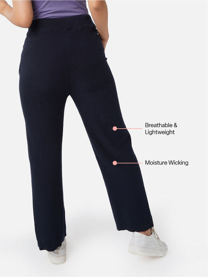 Women Navy Regular Cotton Mid Rise Pants with Two Pockets