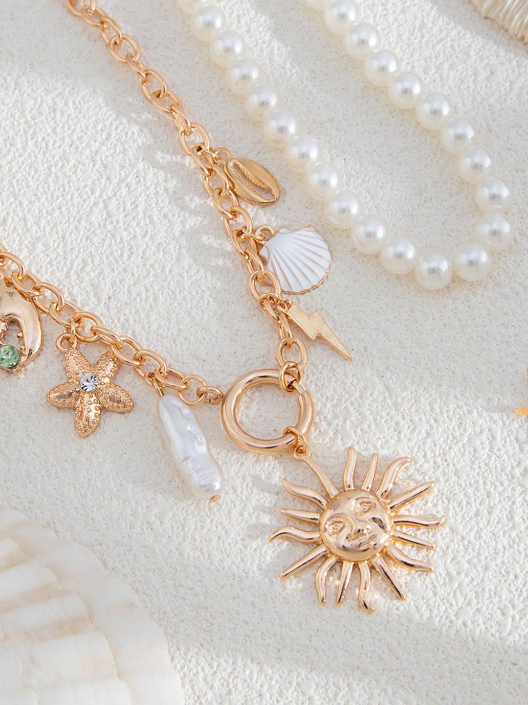 Set Of 2 Gold-Plated Stones Studded Statement Necklace & Chain