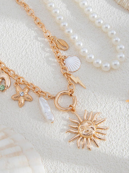 Set Of 2 Gold-Plated Stones Studded Statement Necklace & Chain