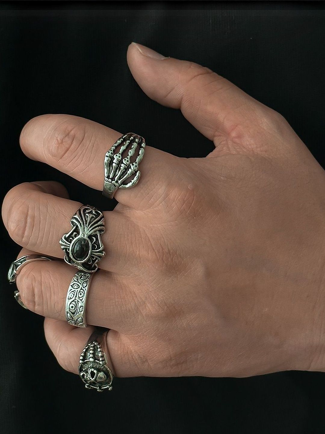 Men Set Of 5 Silver-Plated Finger Rings