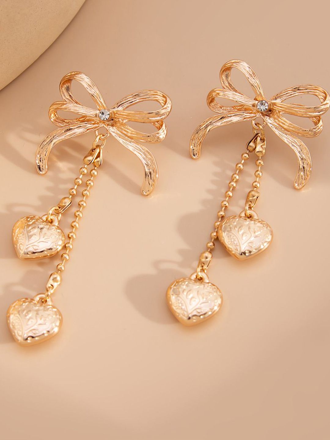 Gold-Plated Artificial Stones Studded & Beaded Heart Drop Earrings