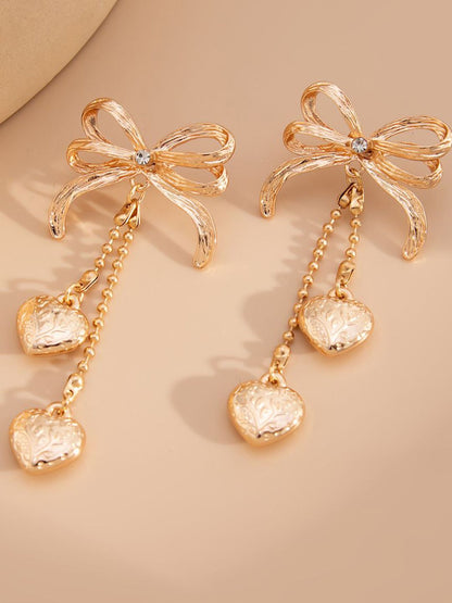 Gold-Plated Artificial Stones Studded & Beaded Heart Drop Earrings