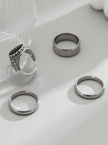 Men Pack of 4 Silver-Plated Stone Studded Finger Rings