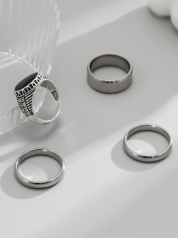 Men Pack of 4 Silver-Plated Stone Studded Finger Rings