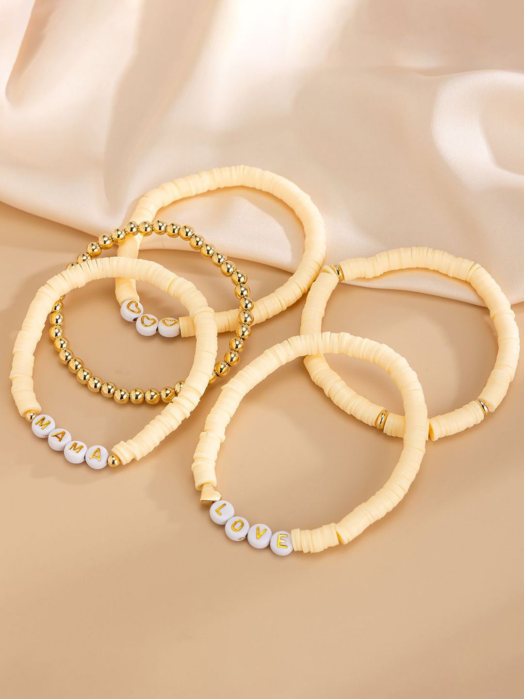 5 Pieces Gold-Plated Artificial Beaded Ceramic Elasticated Bracelet
