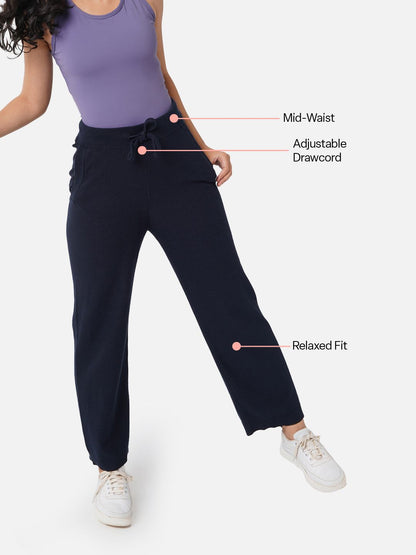 Women Navy Regular Cotton Mid Rise Pants with Two Pockets