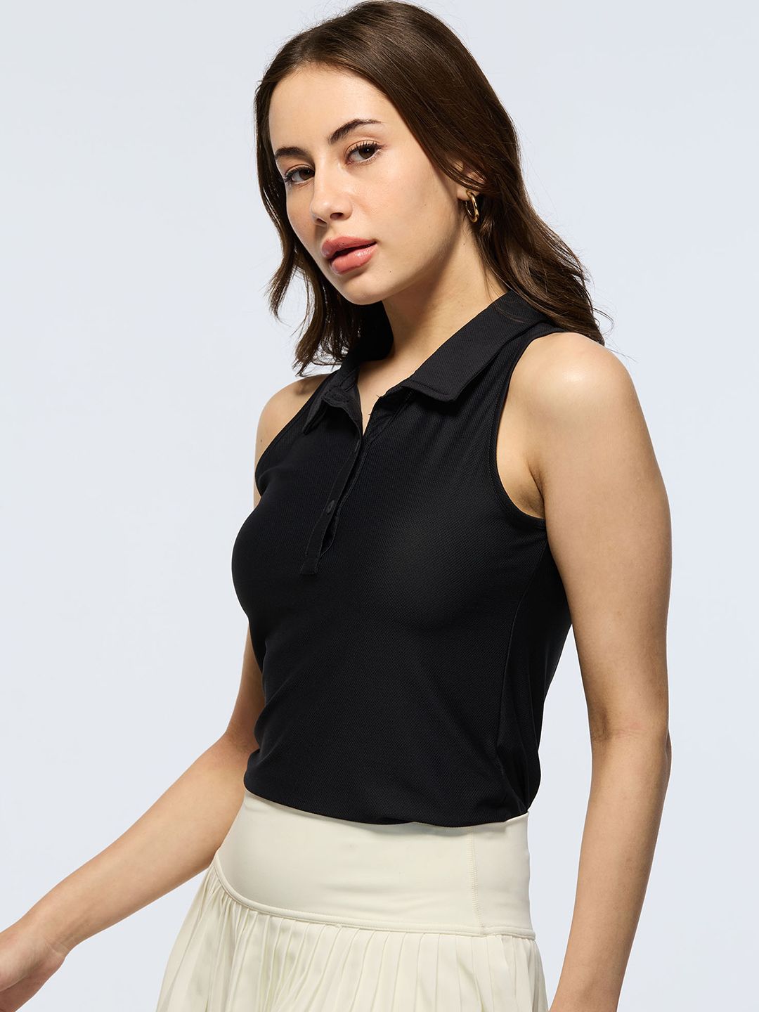 Women Black Techpique Sleeveless Polo Top