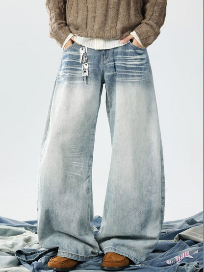 Men Wide Leg Mid-Rise Light Fade Jeans