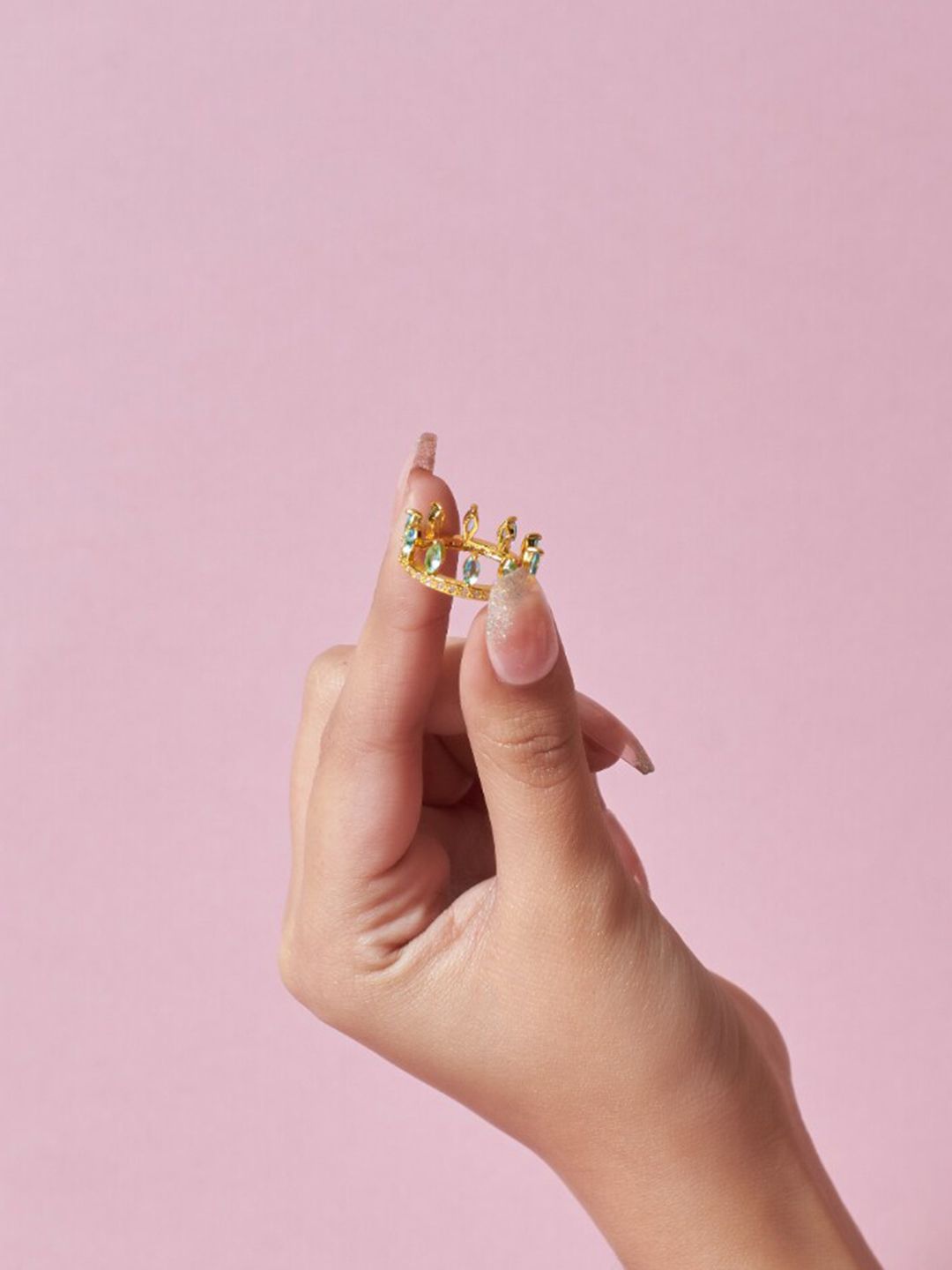 SALTY Set of 2 Gold-Plated Crystals-Studded Baguette Ring
