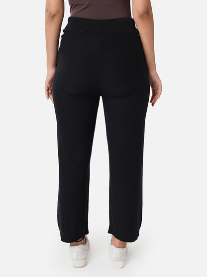 Women Black Regular Cotton Mid Rise Pants with Two Pockets