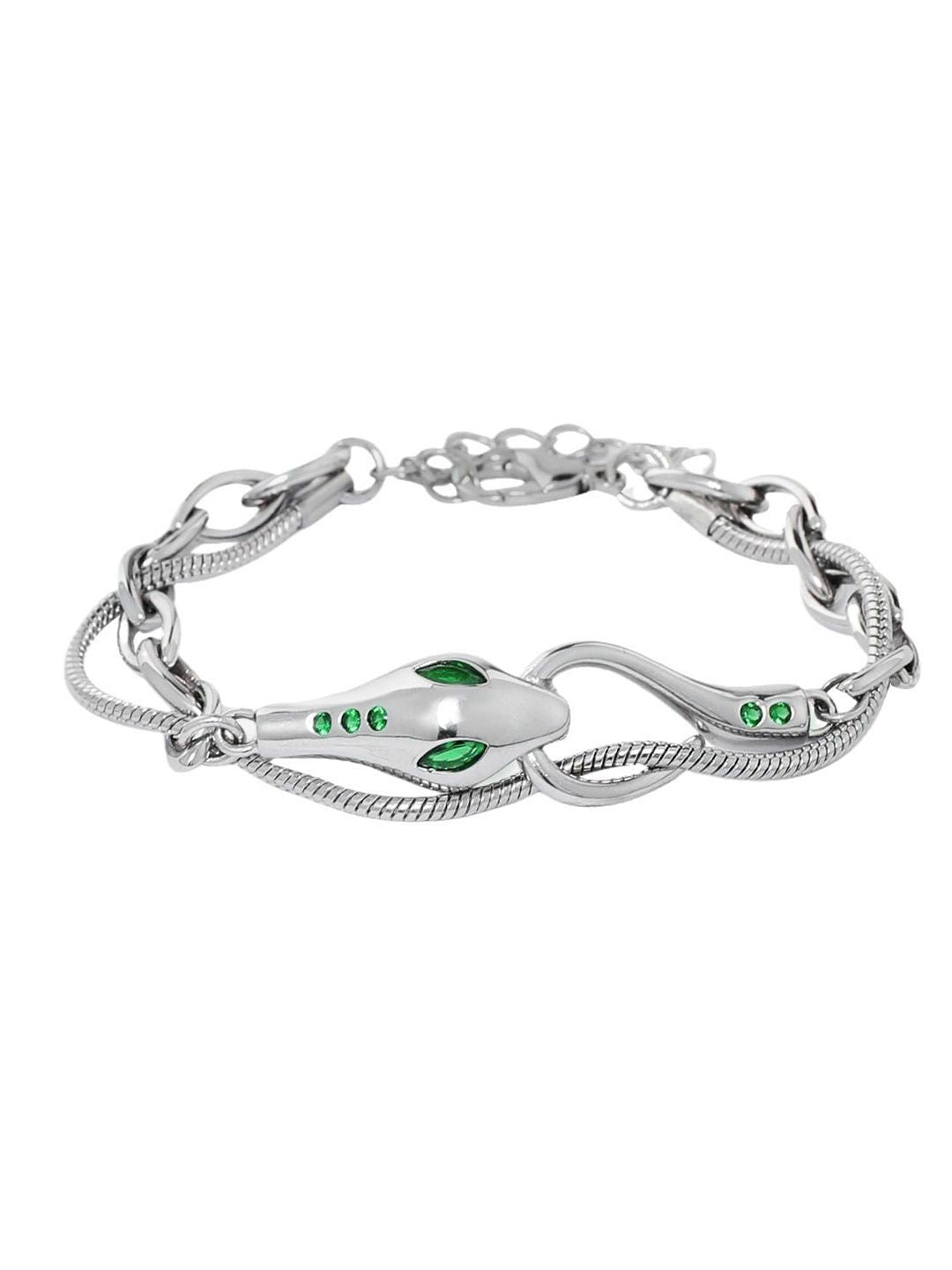 Men Stainless Steel Silver-Plated Stones Studded Link Bracelet