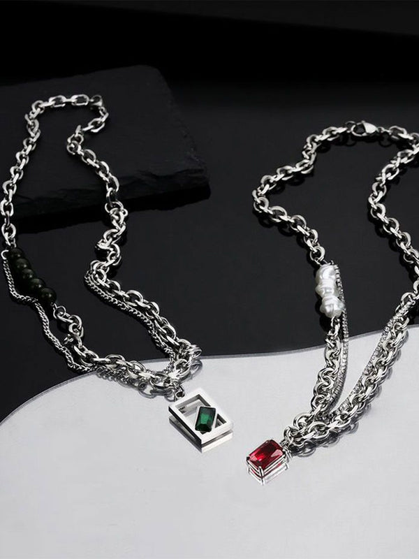 Stainless Steel Silver-Plated Artificial Stones Studded Chain