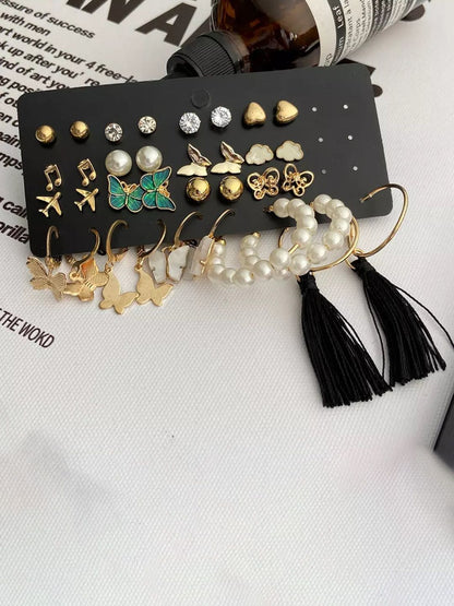 SALTY Pack Of 17 Gold-Plated Stones & Beads Contemporary Earrings