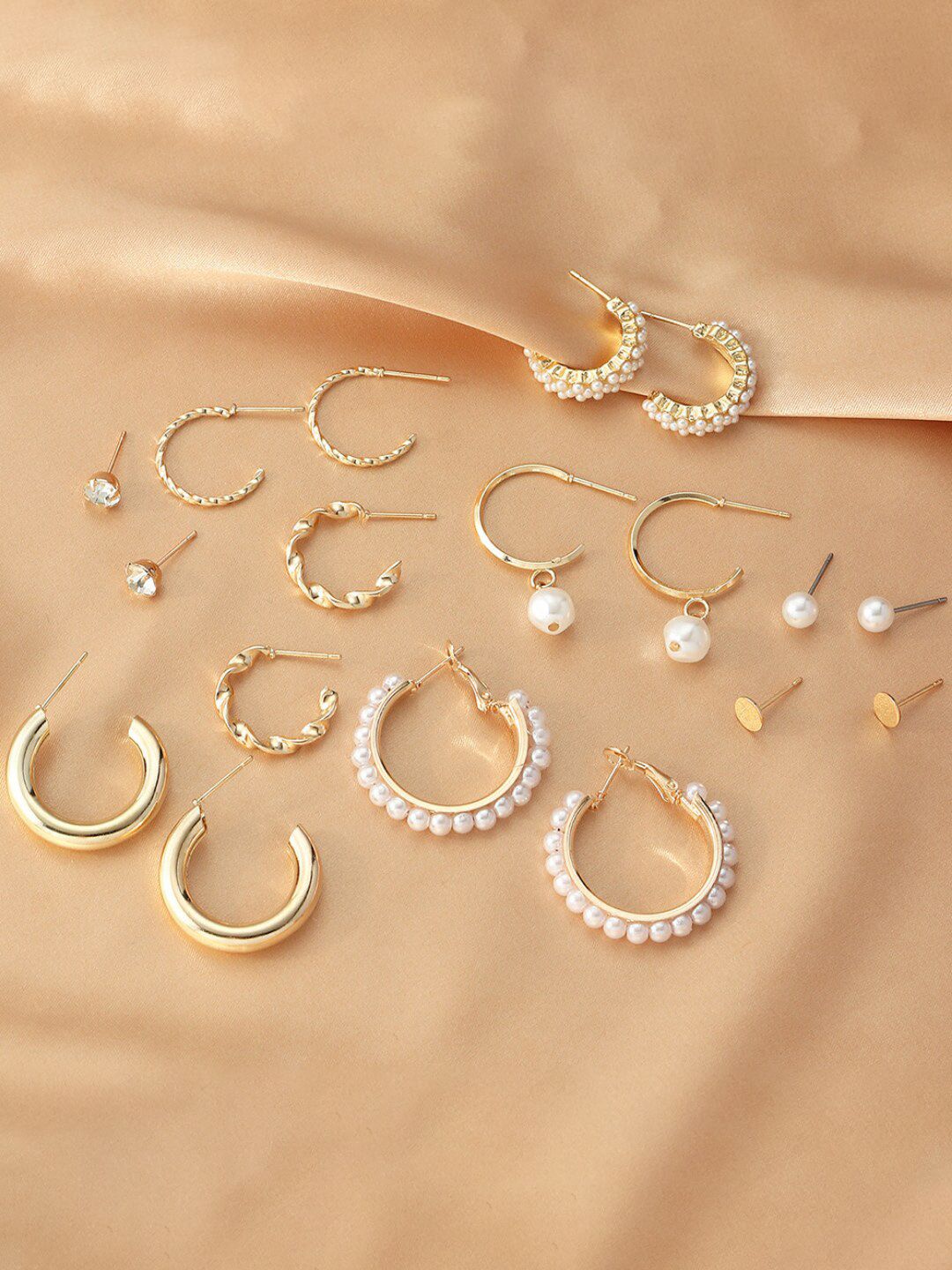 SALTY Women Set of 9 Chunky Freshwater Pearl Hoop Earrings
