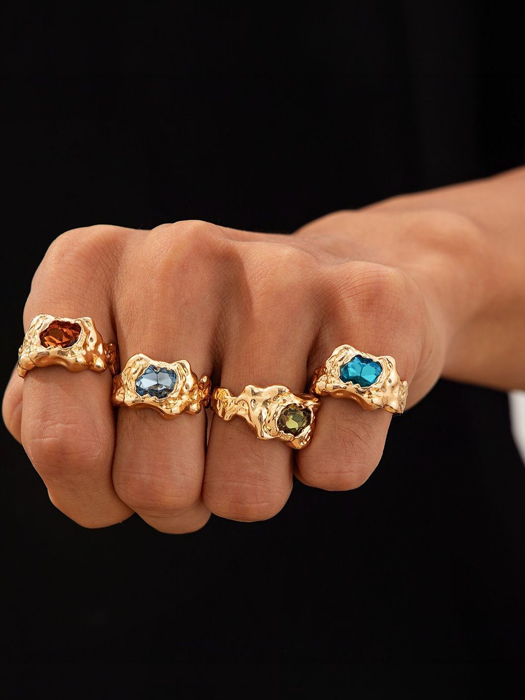 Men Set Of 4 Gold-Plated Stone-Studded Finger Ring