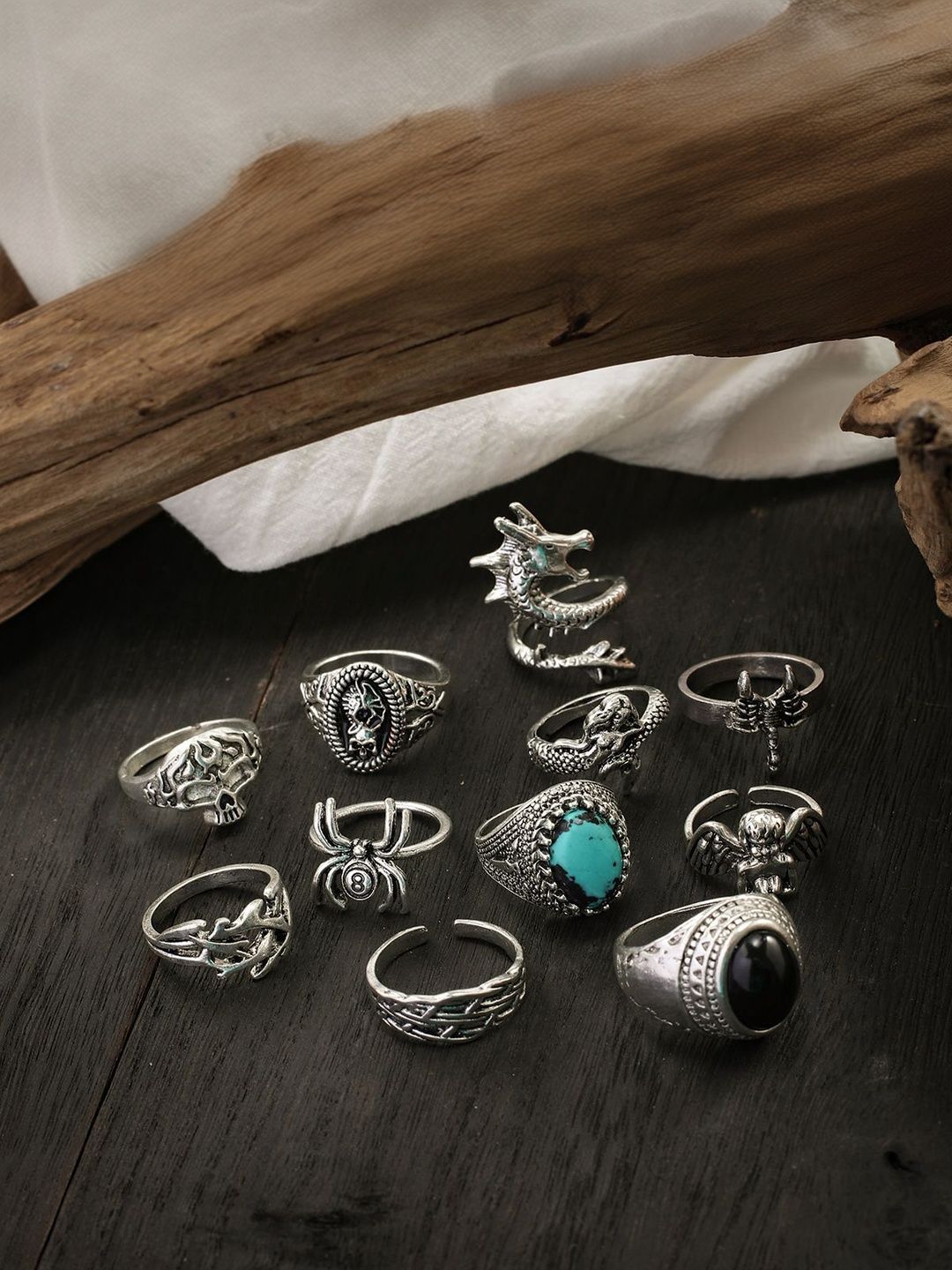 Men Set Of 11 Silver-Plated Stone-Studded Finger Ring