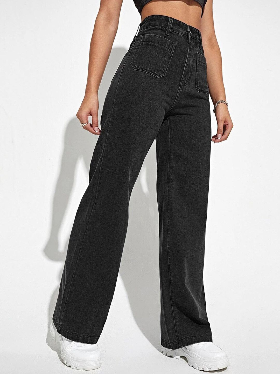 Women Black Jean Straight Fit High-Rise Mildly Distressed Jeans